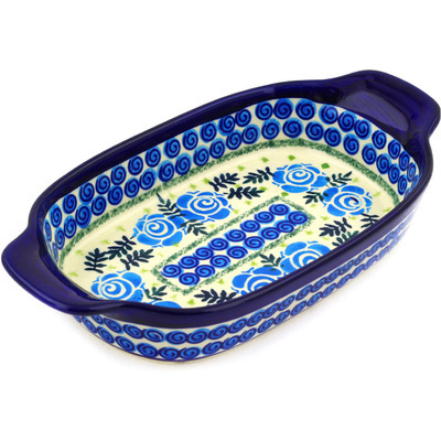 Polish Pottery Serving Dish or Baker Small Lady Blue Roses UNIKAT