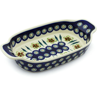 Polish Pottery Serving Dish or Baker Small Peacock Garden