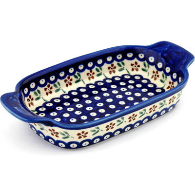 Polish Pottery Serving Dish or Baker Small Red Daisy Peacock