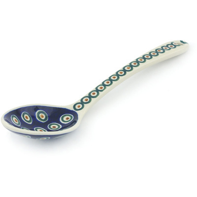 Polish Pottery Serving Spoon 13&quot; Peacock Leaves