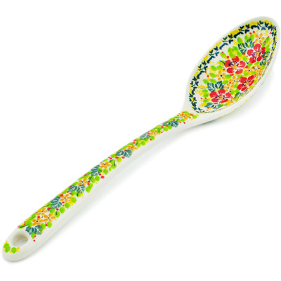 Polish Pottery Serving Spoon 13&quot; Red Flora On Green Daisy UNIKAT