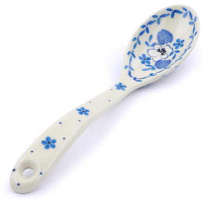Polish Pottery Serving Spoon 9&quot; White Pansy