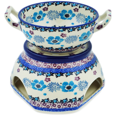 Polish Pottery Set for Fondue Blooming Blues