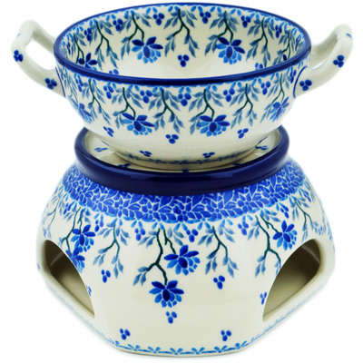 Polish Pottery Set for Fondue Blue Grapevine