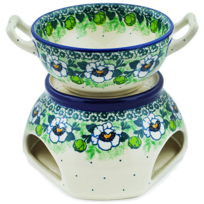 Polish Pottery Set for Fondue Green Flora