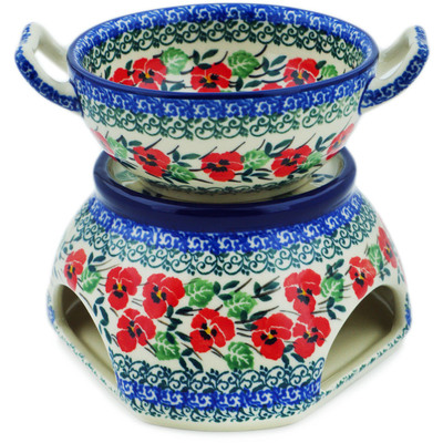 Polish Pottery Set for Fondue Red Pansy