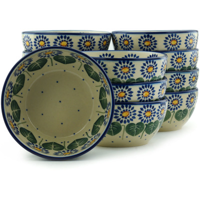 Polish Pottery Set of 12 Bowls 5&quot; Blue Daisies
