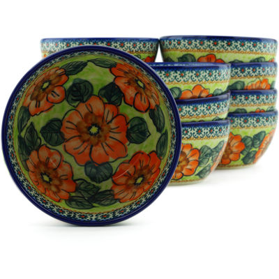 Polish Pottery Set of 12 Bowls 5&quot; Fiery Poppies UNIKAT