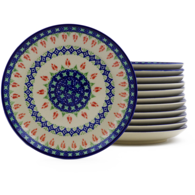 Polish Pottery Set of 12 dessert plates Tulips And Diamonds