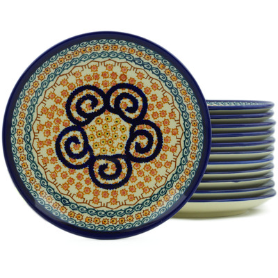 Polish Pottery Set of 12 Plates 7&quot; Cinnamon Swirl UNIKAT