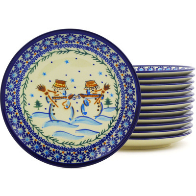 Polish Pottery Set of 12 Plates 7&quot; Friendly Snowmen