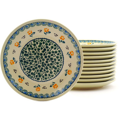 Polish Pottery Set of 12 Plates 7&quot; Green Bubbles