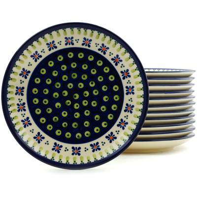 Polish Pottery Set of 12 Plates 7&quot; Green Gingham Peacock