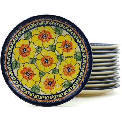 Polish Pottery Set of 12 Plates 7&quot; Lemon Poppies UNIKAT