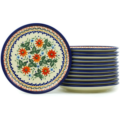 Polish Pottery Set of 12 Plates 7&quot; Mexican Flame UNIKAT
