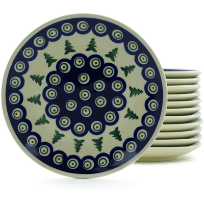 Polish Pottery Set of 12 Plates 7&quot; Peacock Evergreen