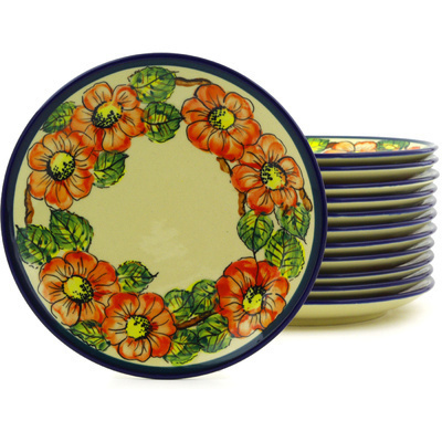 Polish Pottery Set of 12 Plates 7&quot; Red Poppy Field