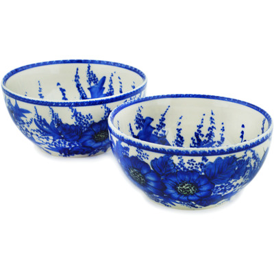Polish Pottery Set of 2 Bowls  Blue Poppy Dream UNIKAT