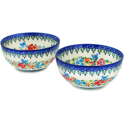 Polish Pottery Set of 2 Bowls  Ring Of Flowers UNIKAT