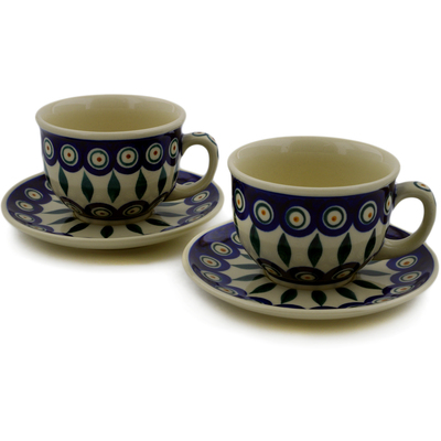 Polish Pottery Set of 2 Cups with Saucers Peacock