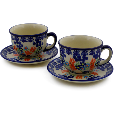 Polish Pottery Set of 2 Cups with Saucers Tulip Berries