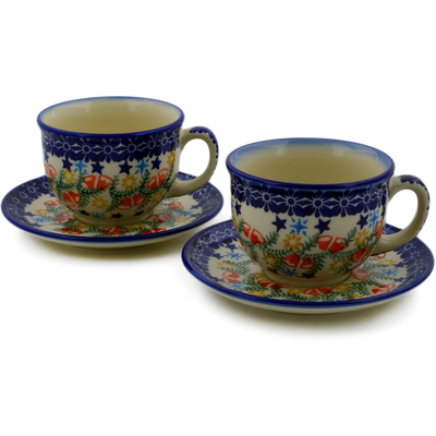Polish Pottery Set of 2 Cups with Saucers Wreath Of Bealls