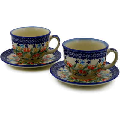 Polish Pottery Set of 2 Cups with Saucers Wreath Of Bells