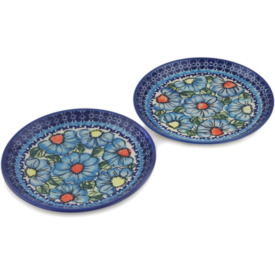 Polish Pottery Set of 2 dessert plates Bold Blue Poppies UNIKAT