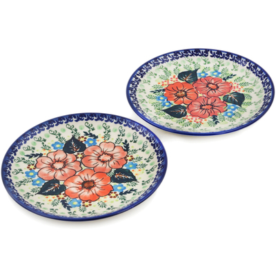 Polish Pottery Set of 2 dessert plates Bold Red Poppies UNIKAT