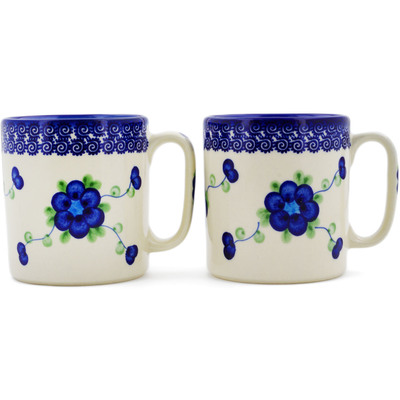 Polish Pottery Set of 2 Mugs 12 ounce Per Mug, 24 ounces Total Blue Poppies