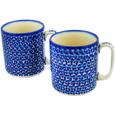 Polish Pottery Set of 2 Mugs 12 ounce Per Mug, 24 ounces Total Forget-me-not Meadow