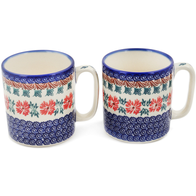 Polish Pottery Set of 2 Mugs 12 ounce Per Mug, 24 ounces Total Red Cornflower