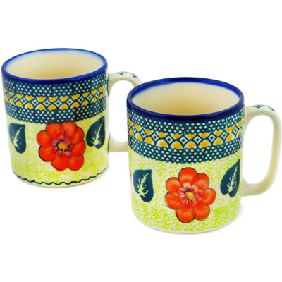 Polish Pottery Set of 2 Mugs 12 ounce Per Mug, 24 ounces Total Summer Poppies UNIKAT
