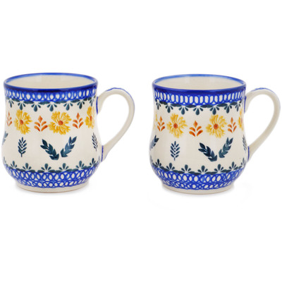 Polish Pottery Set of 2 Mugs Golden Flower Garden