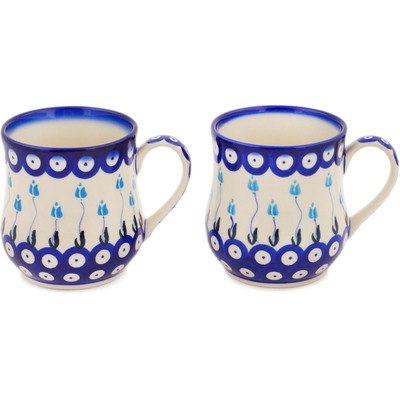 Polish Pottery Set of 2 Mugs Peacock Tulip Garden