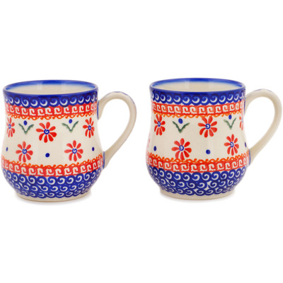 Polish Pottery Set of 2 Mugs Red Daisy
