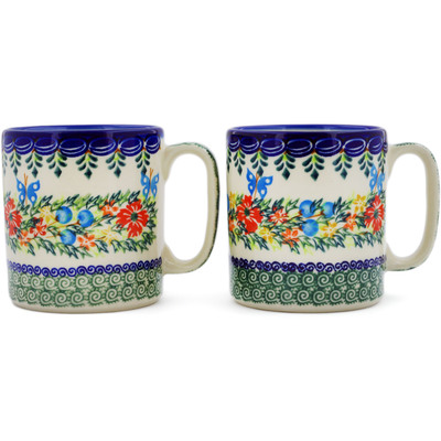 Polish Pottery Set of 2 Mugs Ring Of Flowers UNIKAT