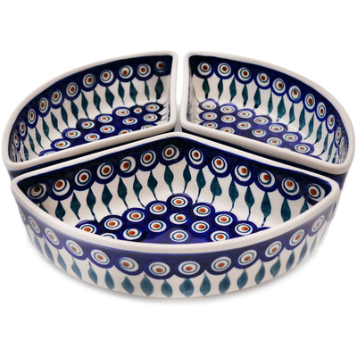 Polish Pottery Set of 3 Bowls Peacock Leaves