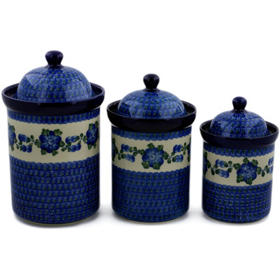 Polish Pottery Set of 3 Canisters with Lids Blue Poppies