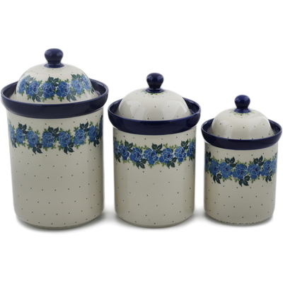 Polish Pottery Set of 3 Canisters with Lids Blue Rose