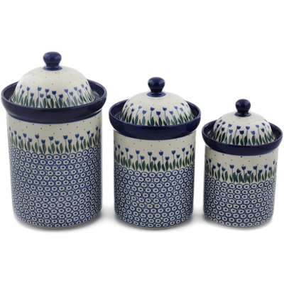 Polish Pottery Set of 3 Canisters with Lids Water Tulip