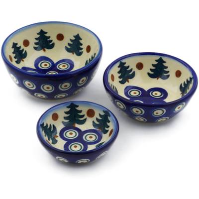 Polish Pottery Set of 3 Nesting Bowls Small Autumn Evergreen