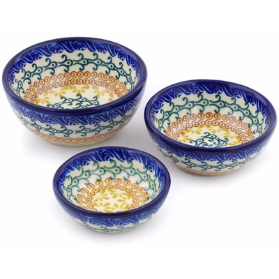 Polish Pottery Set of 3 Nesting Bowls Small Autumn Swirls