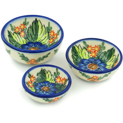 Polish Pottery Set of 3 Nesting Bowls Small Blue Bouquet UNIKAT