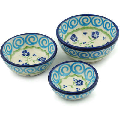 Polish Pottery Set of 3 Nesting Bowls Small Blue Bursts