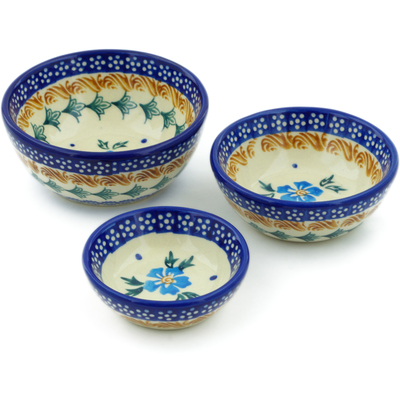 Polish Pottery Set of 3 Nesting Bowls Small Blue Cornflower