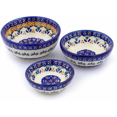 Polish Pottery Set of 3 Nesting Bowls Small Blue Cress