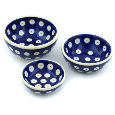 Polish Pottery Set of 3 Nesting Bowls Small Blue Eyed Peacock