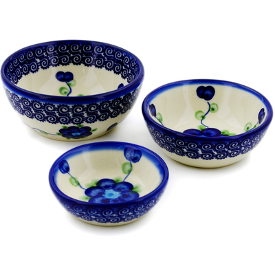 Polish Pottery Set of 3 Nesting Bowls Small Blue Poppies
