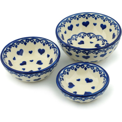 Polish Pottery Set of 3 Nesting Bowls Small Blue Valentine Hearts